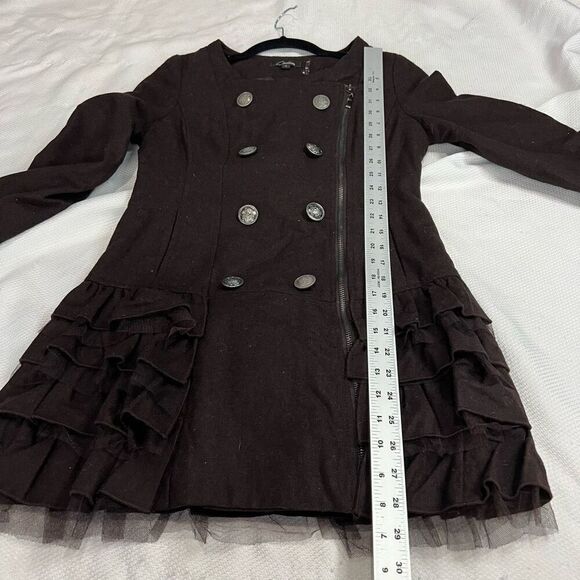 Cecico Brown Wool Blend Ruffle Hem Zip Up Button Closure Sz S Women’s - Picture 4 of 10